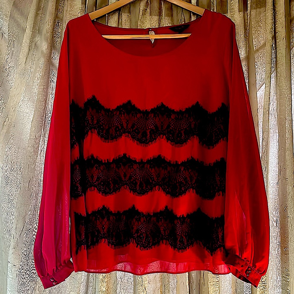 SOLD Simply Be Red & Black Laced Long Sleeved Blouse